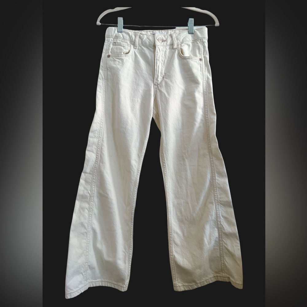 Zara 13 - 14 girls wide leg jeans pants ivory light beige stone cream
